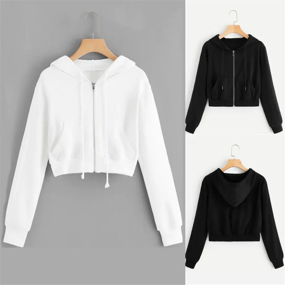 Women's Casual Solid Colour Zip Pocket Top Drawstring Hooded Sweatshirt