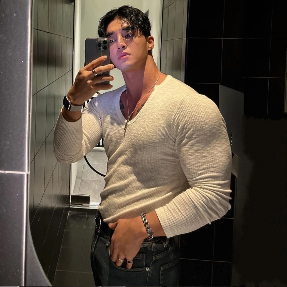 Men's Sports Fashion Brand Stretch Spring And Autumn Fashionable Texture T-shirt Top