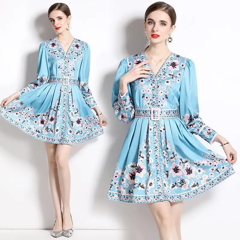 New Retro Positioning Flower V-neck Long Sleeve Waist Slimming And Short Dress