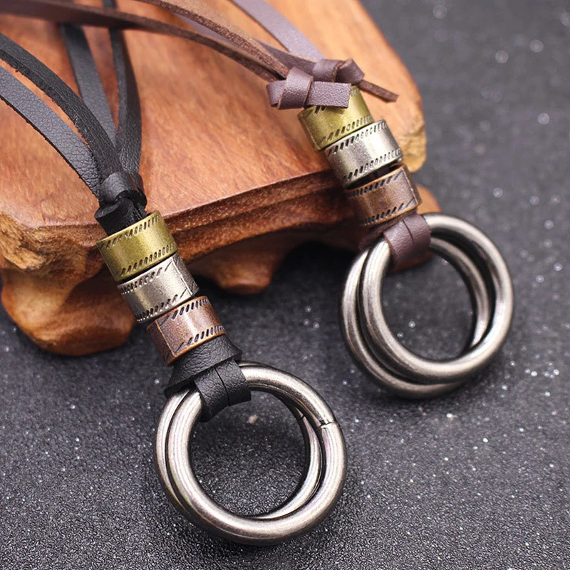 Vintage Leather Couple Necklace Double Ring