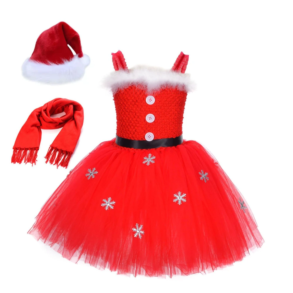 Girl Christmas Outfit, Snow Tulle Patchwork Slip Dress with Hat Scarf