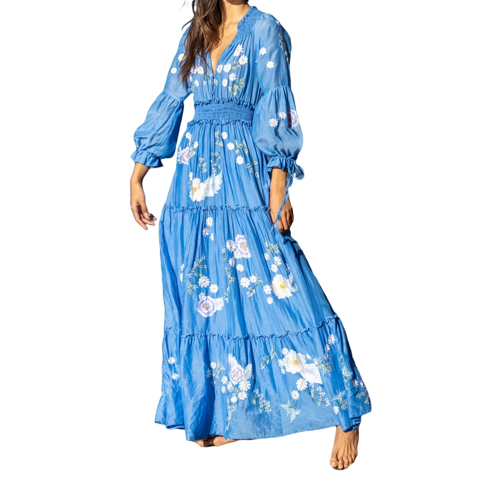 Women Fall Casual Long Dress Buttons Floral Print Long Sleeve Dress