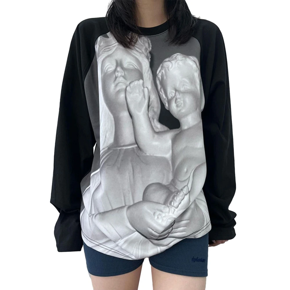 Women's Autumn Long Sleeve Plaster Portrait Print Loose T-shirt