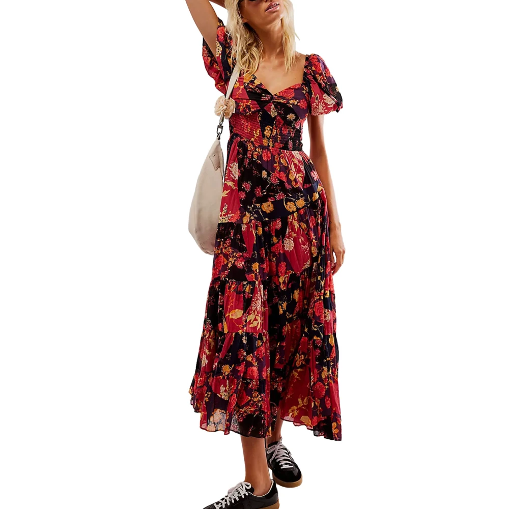 Women's Flower Long Dress Short Sleeve Sweetheart Neck Dress 