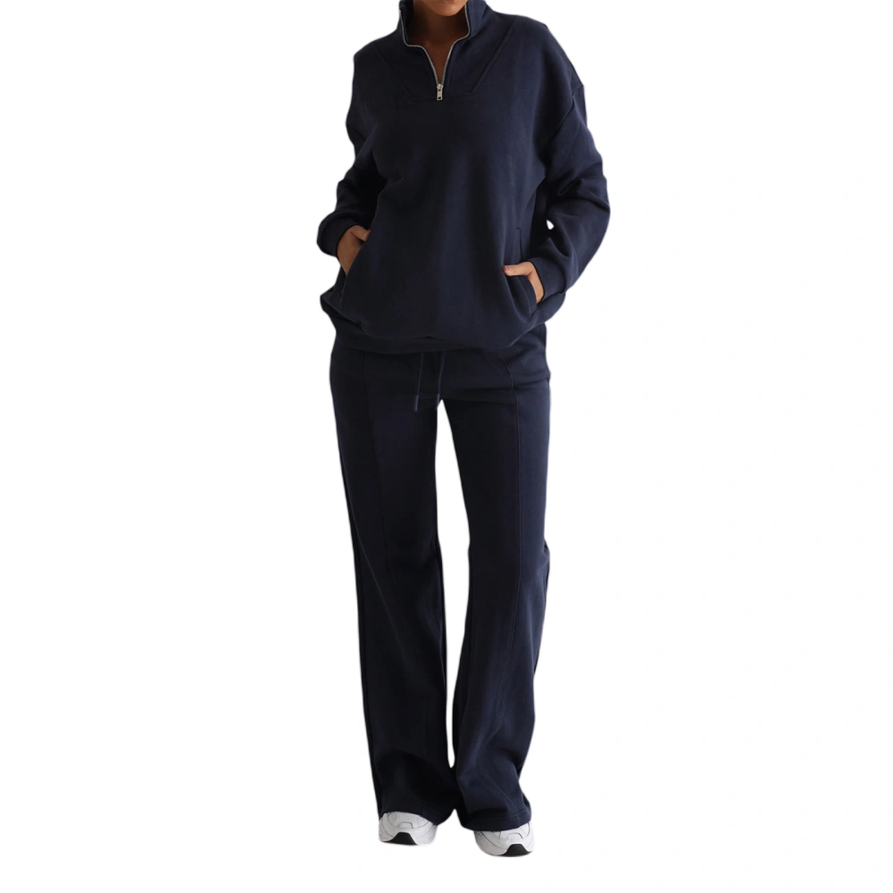 Women's Long Sleeve Stand Collar Zip Up Tops Wide Leg Pants Sets