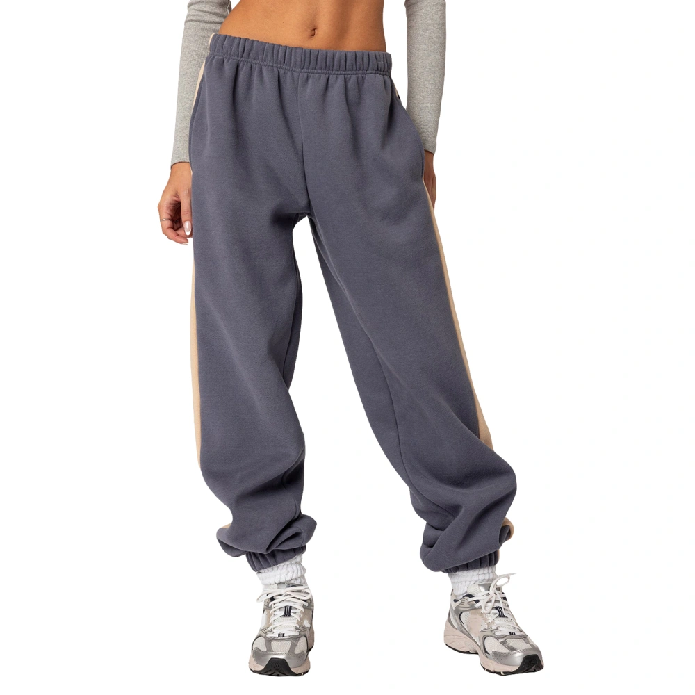 Women Baggy Pants Contrast Color Elastic Waistband Sweatpants