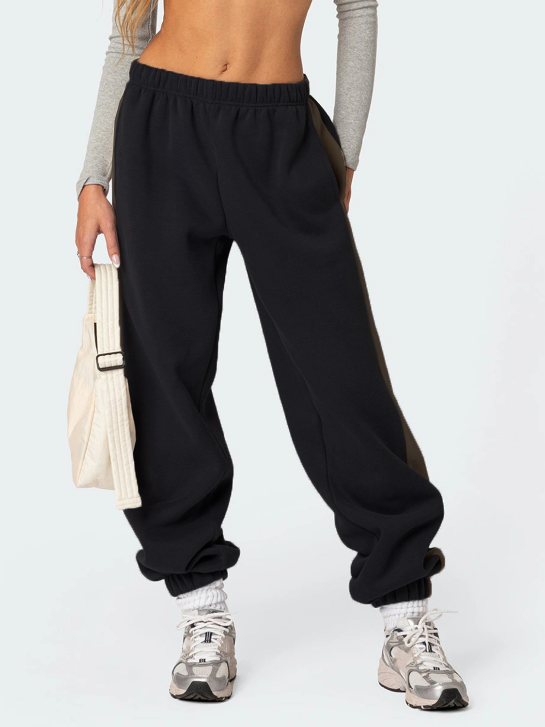 Women Baggy Pants Contrast Color Elastic Waistband Sweatpants
