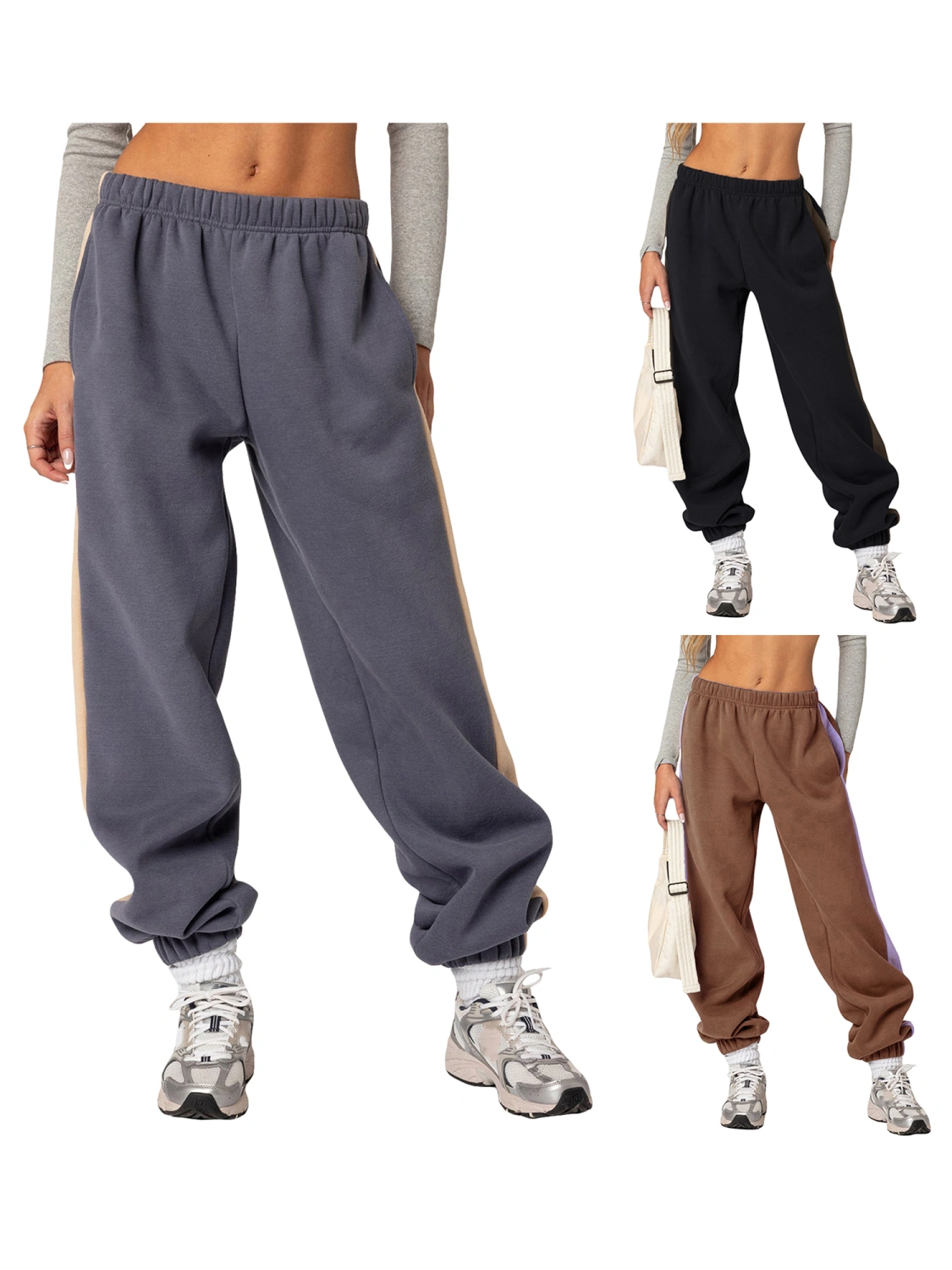 Women Baggy Pants Contrast Color Elastic Waistband Sweatpants