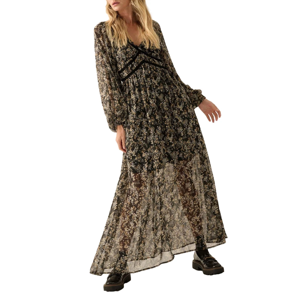 Women’s Boho Floral Dress Long Sleeve V Neck High Waist Chiffon Dress 