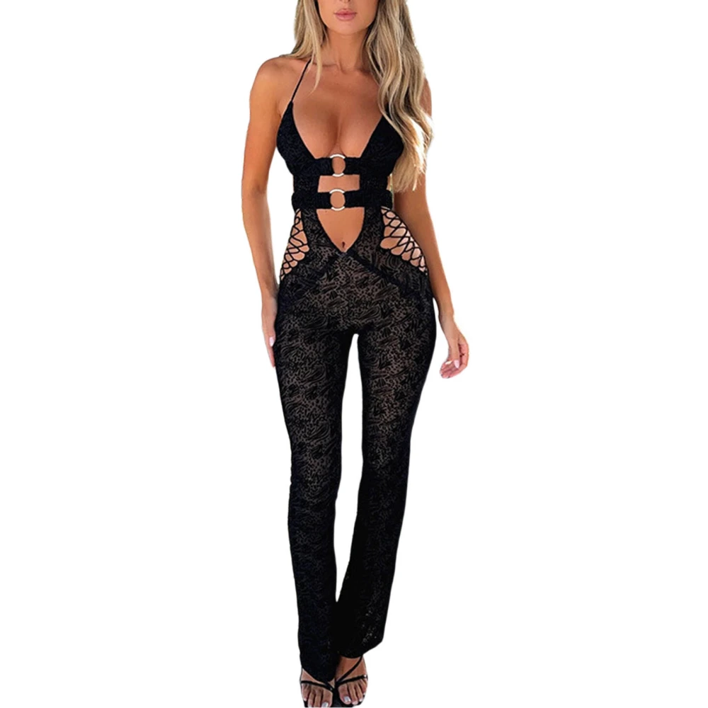 Women's Summer Romper Sleeveless Halter Neck Jacquard Jumpsuit Pants