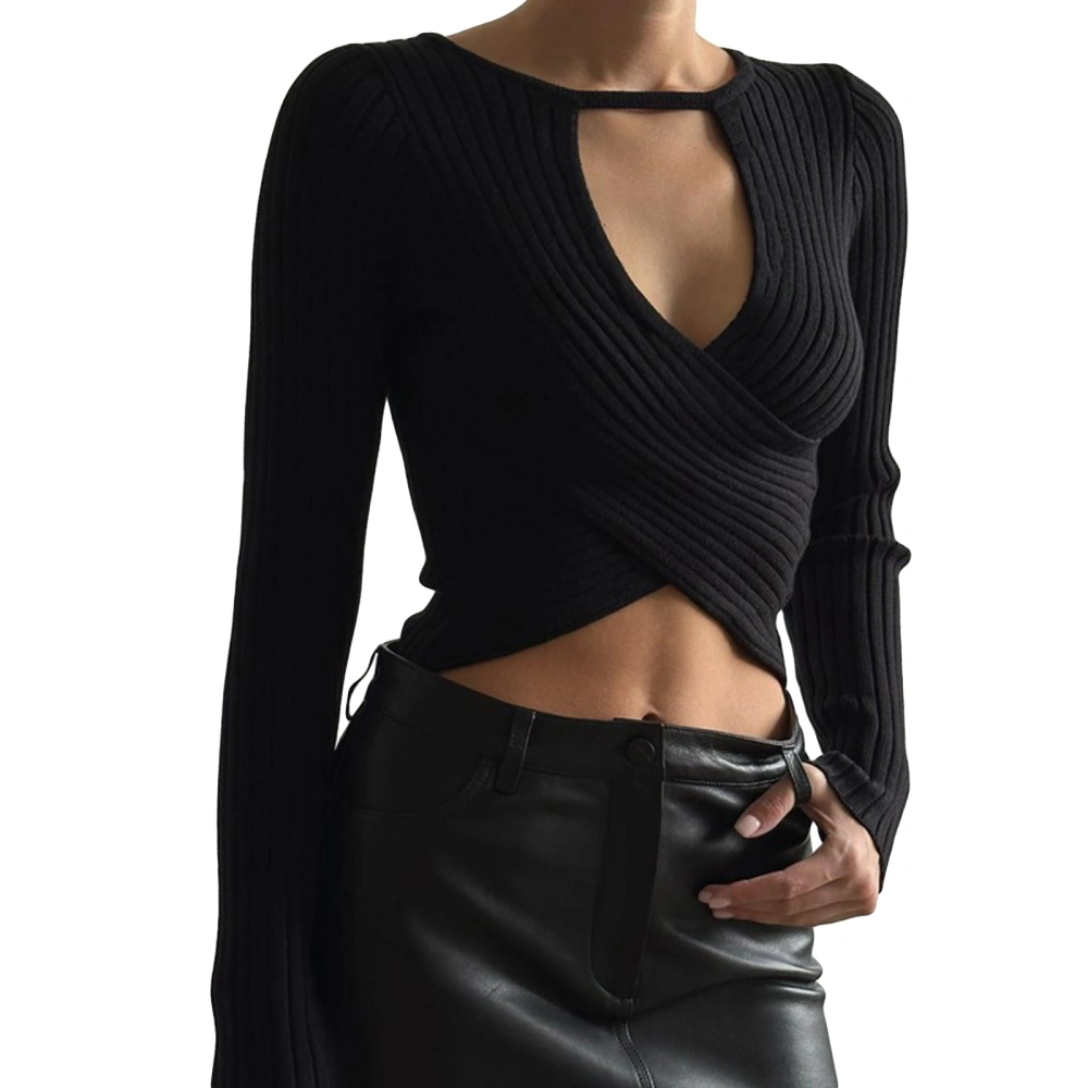 Women's Crop Knit Tops Ribbed Cross Cutout Long Sleeve Knitwear