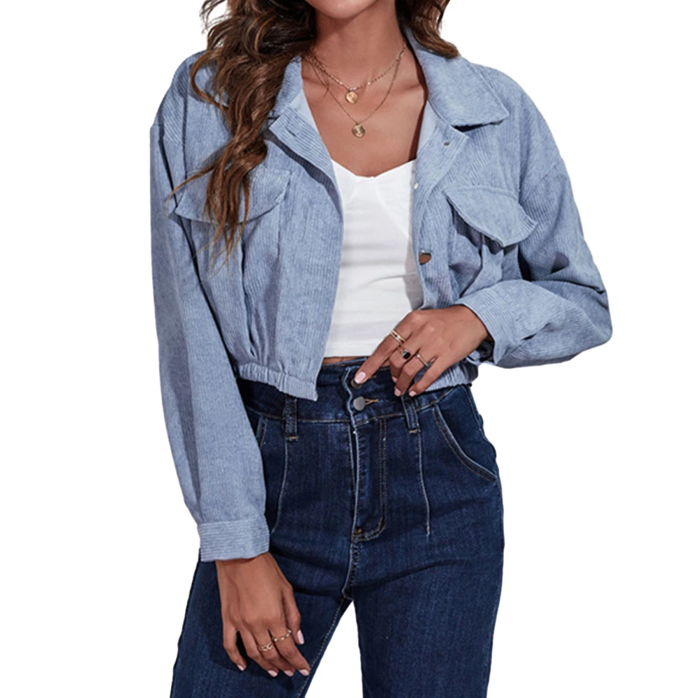 Women Cropped Corduroy Jacket Solid Color Turn-Down Collar Jacket