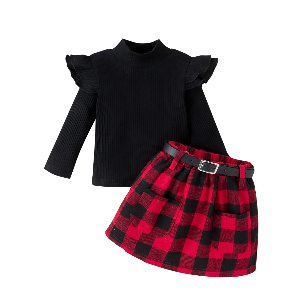 Girl Two Piece Outfit Turtleneck Tops and Plaid Skirt with Belt Set