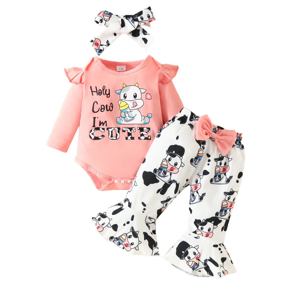 Girls Fall Outfit, Letters Romper with Cow Flare Pants and Headband