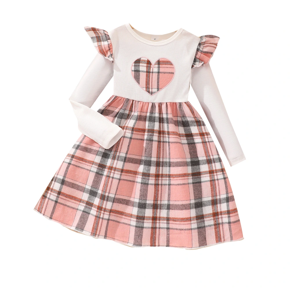 Girls Casual Dress Long Sleeve Crew Neck Plaid Heart Fall A-line Dress