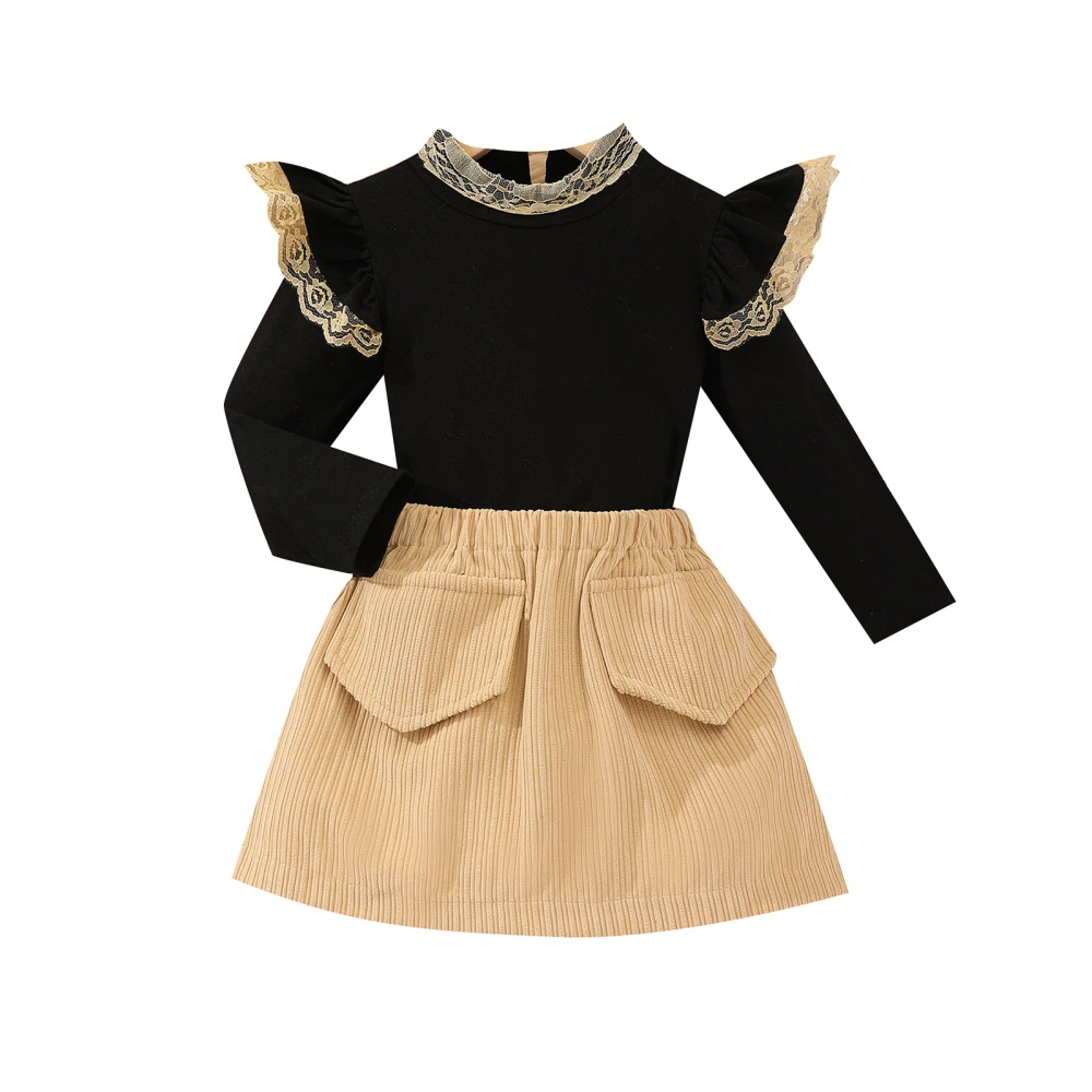 Toddler Girl 2 Piece Outfit Lace Patchwork Tops and Corduroy Skirt