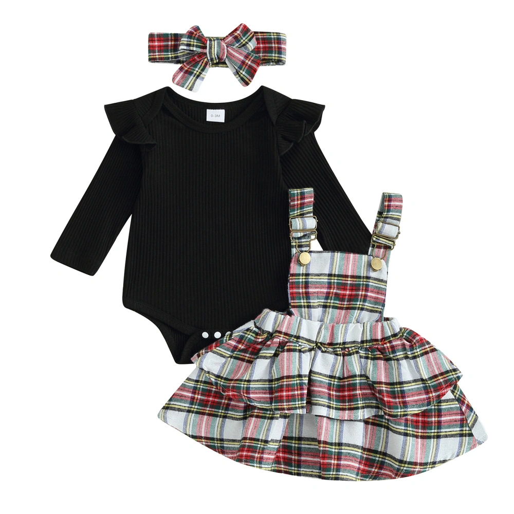 Baby Long Sleeve Ruffle Romper Plaid Suspender Skirt Headband Set