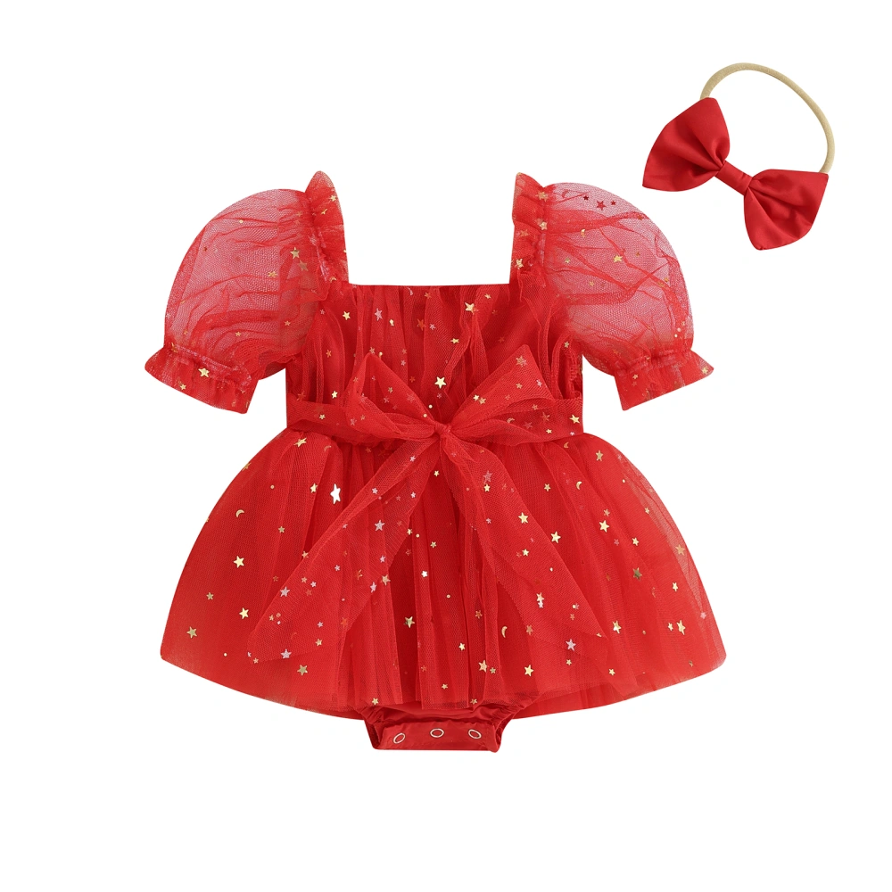 Baby Girls Christmas Outfits Puff Sleeve Romper Tulle Dress + Headband