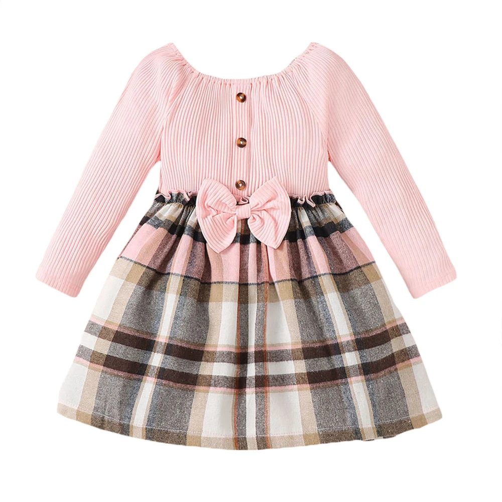 Girls Dress Wool Plaid Ribbed Patchwork Bow Dress with Headband