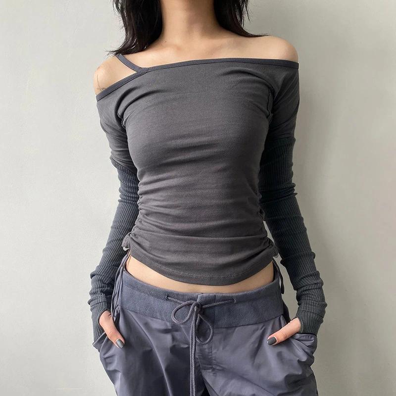 Women Off Shoulder Tops Long Sleeve Side Drawstring Slim Fit T-Shirts