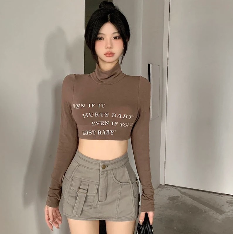 Women Long Sleeve Crop Tops Letter Print Turtleneck Casual T-Shirts