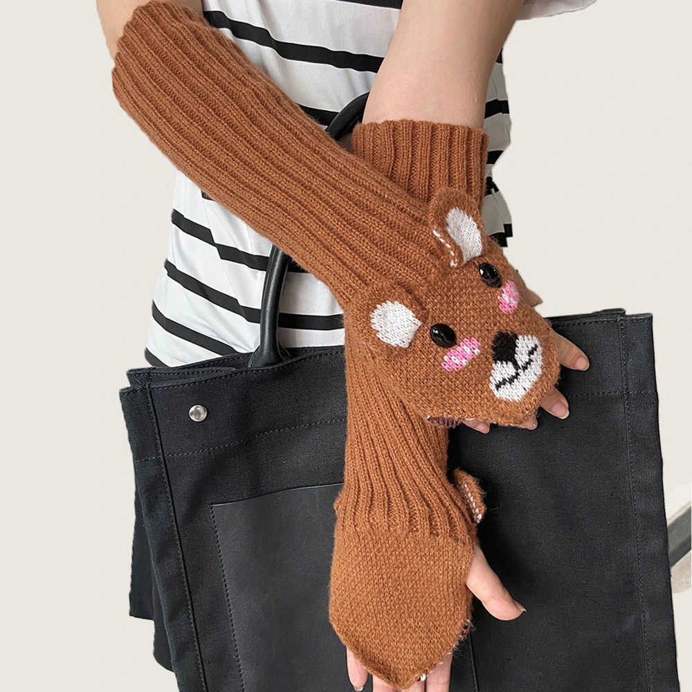 Women Winter Mittens Cute Bear Knitted Arm Warmers for Cold Weather