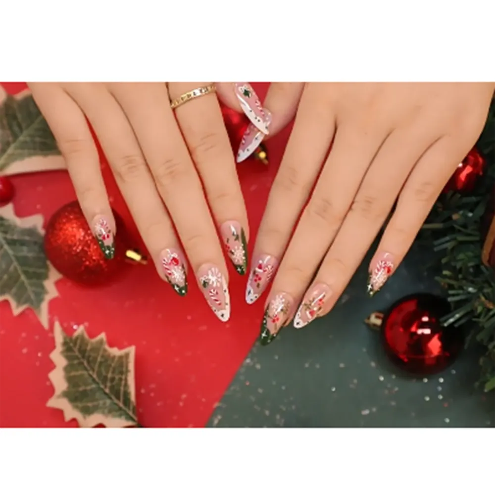 Christmas Artificial Nails Set Snowflake Cane Print Long False Nail 