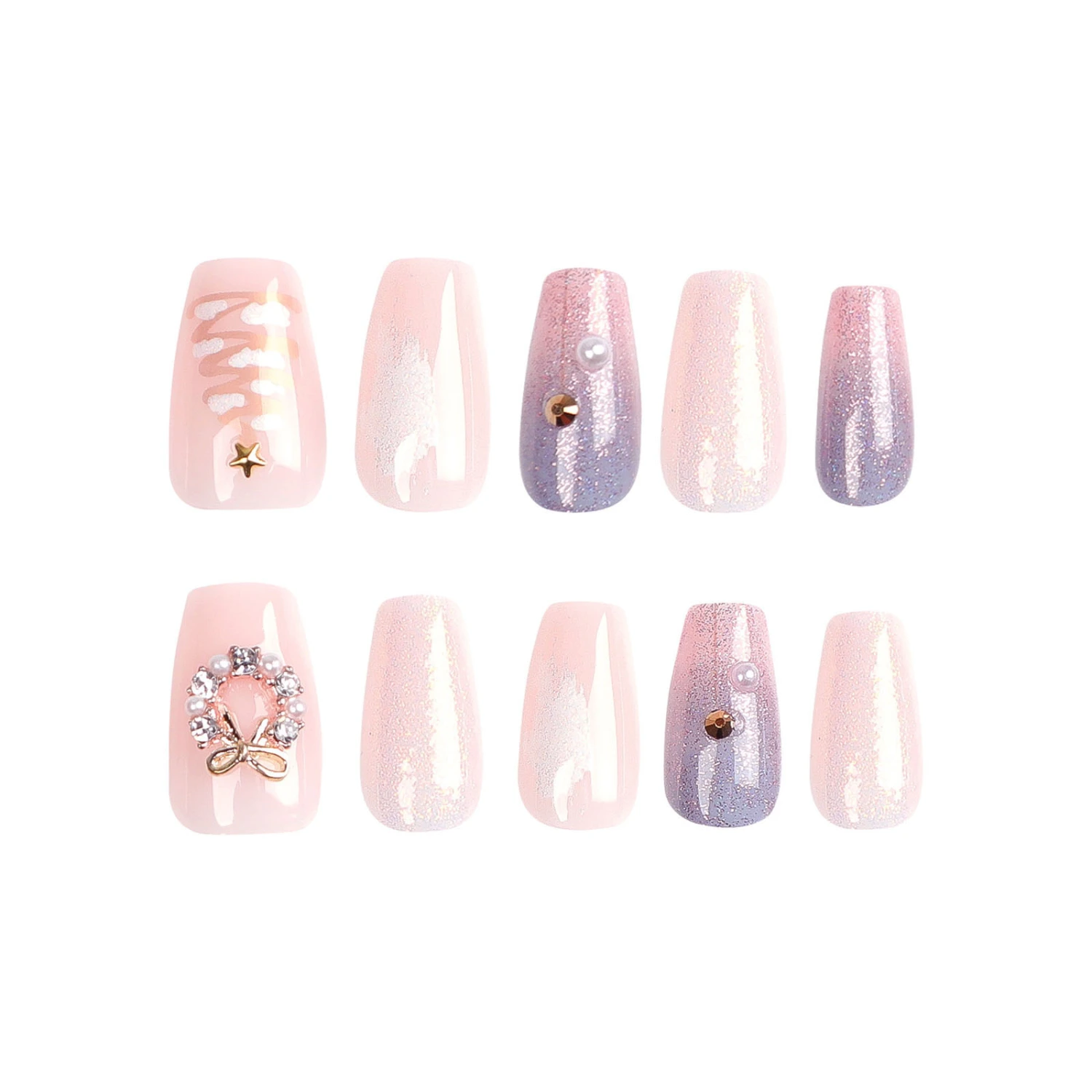 Christmas Press on Nails 24Pcs Rhinestone Pearl Medium Square Nails