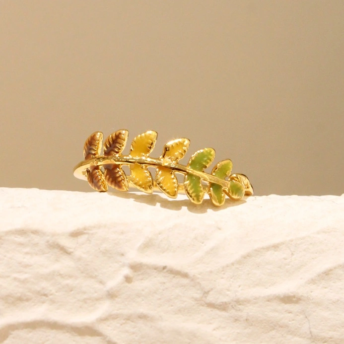 18K Gilded Enamel Drip Glazed Artistic Retro Mori Style Leaf Ring