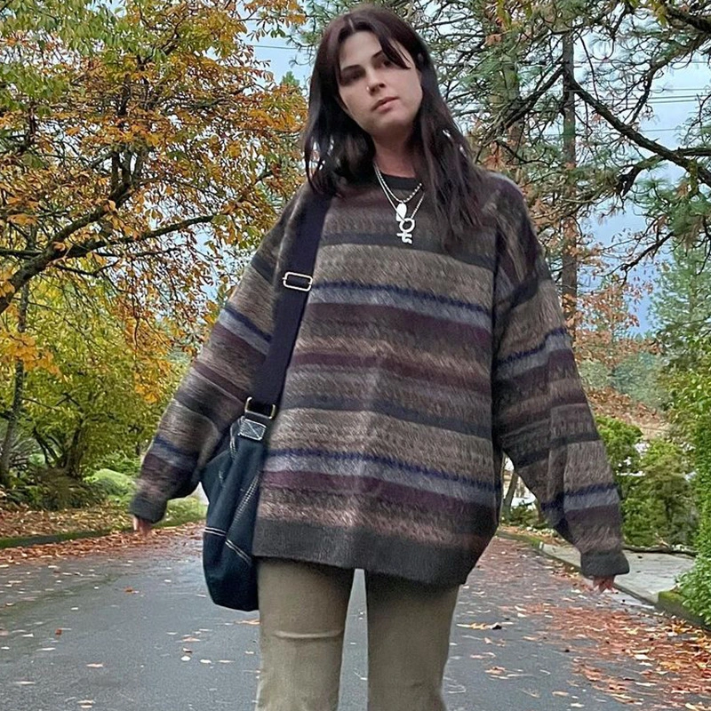 Striped Long-sleeved Sweater Casual Coat