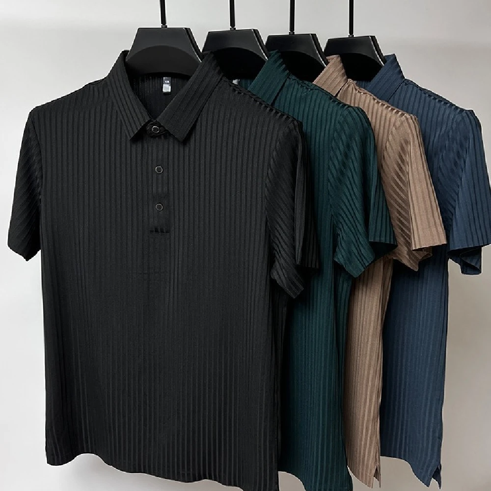 Strip Ice Silk Short Sleeve T-shirt Men's Lapel Summer