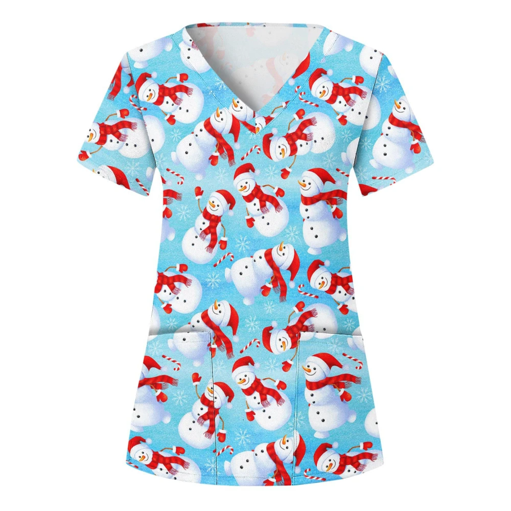 Women Christmas T-shirt Casual Reindeer Print Nurse Style Tops