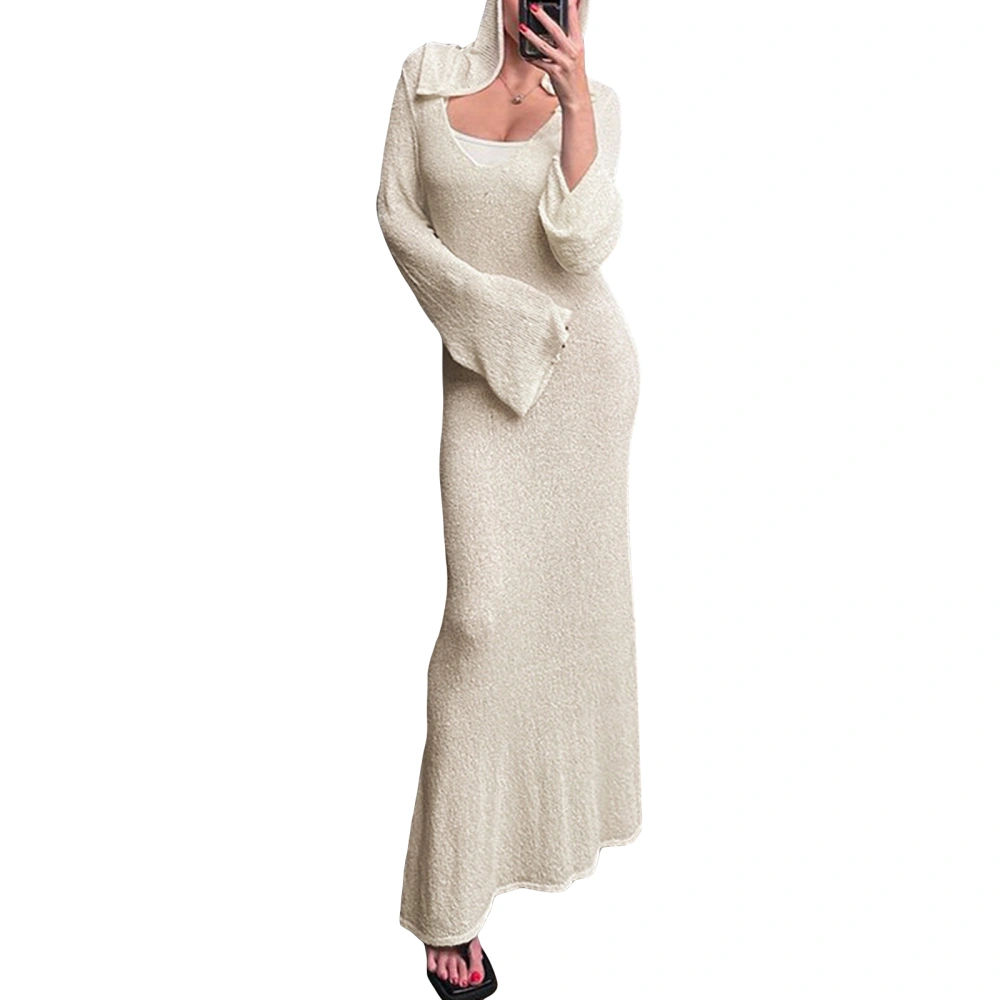 Women's Knit Long Hood Dress Solid Color Long Sleeve Slim Dress