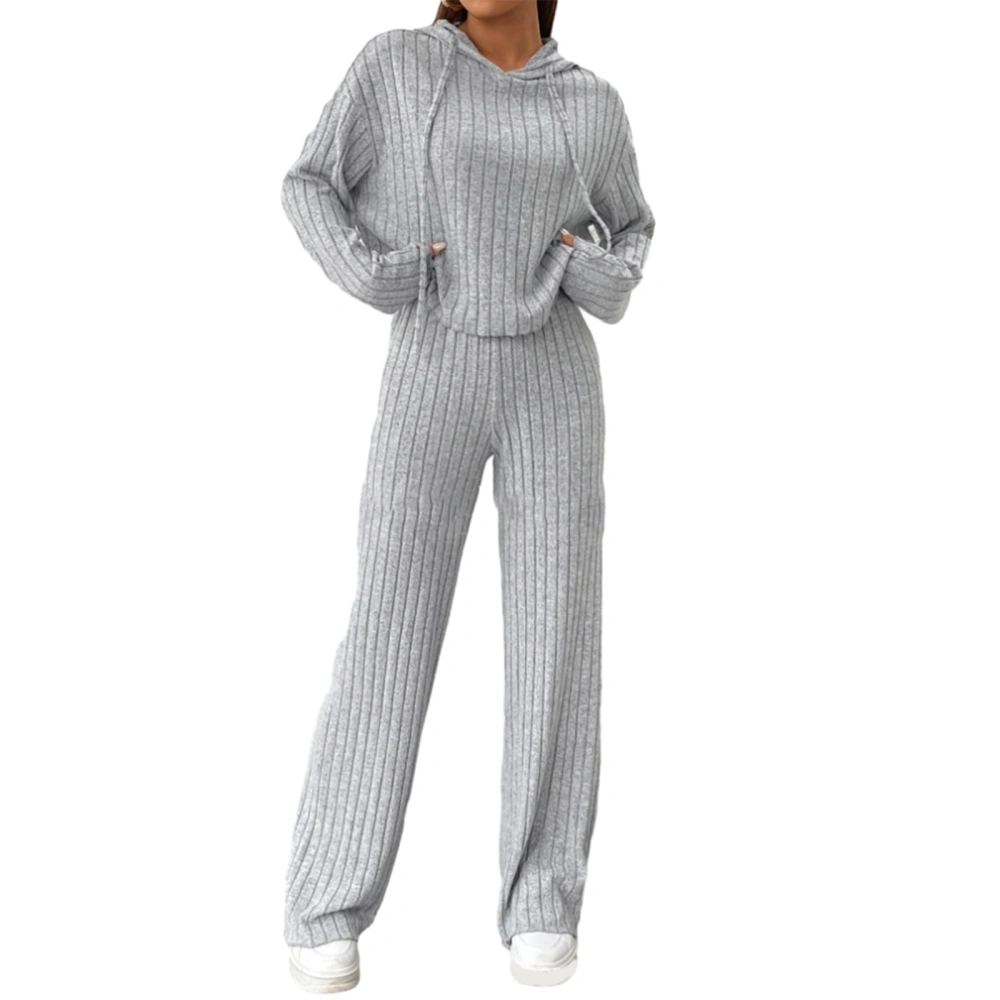 Women 2 Piece Spring Outfits Ribbed Knitted Hoodie and Wide Legs Pants