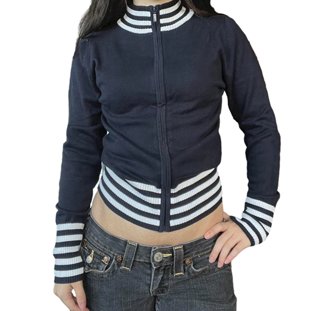 Women's Spring Long Sleeve Stand Collar Zipper Striped Jacket