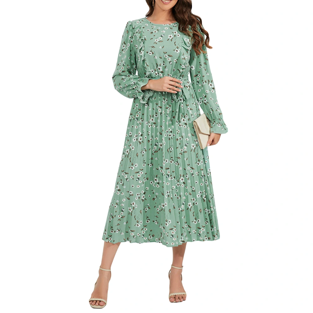 Women's Flower Print Midi Dress Ruffled Long Sleeve Pleated Dress