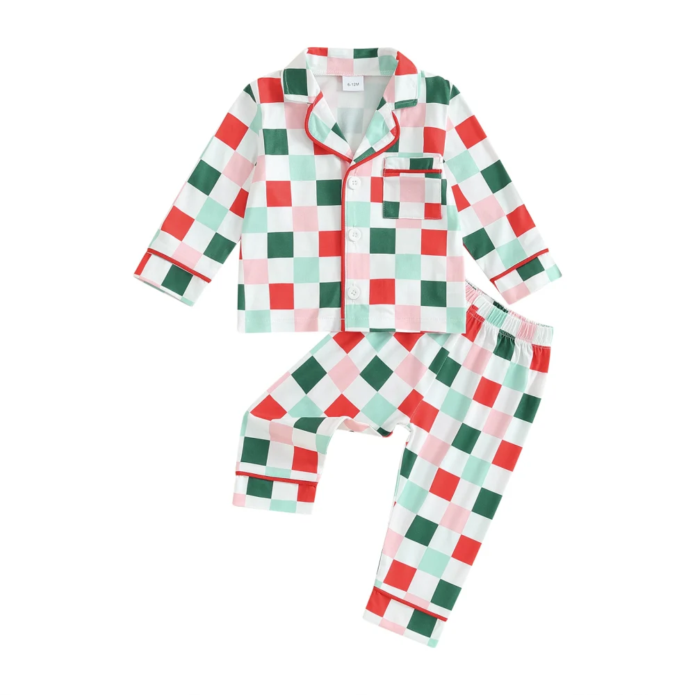 Kids Christmas Pajamas Set, Plaid Long Sleeve Lapel Collar Tops Pants