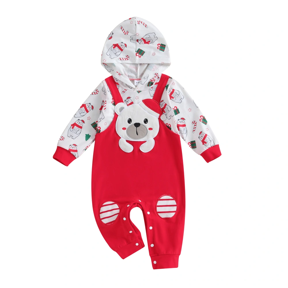 Girls Christmas Jumpsuit Long Sleeve Hood Bear Embroidery Romper