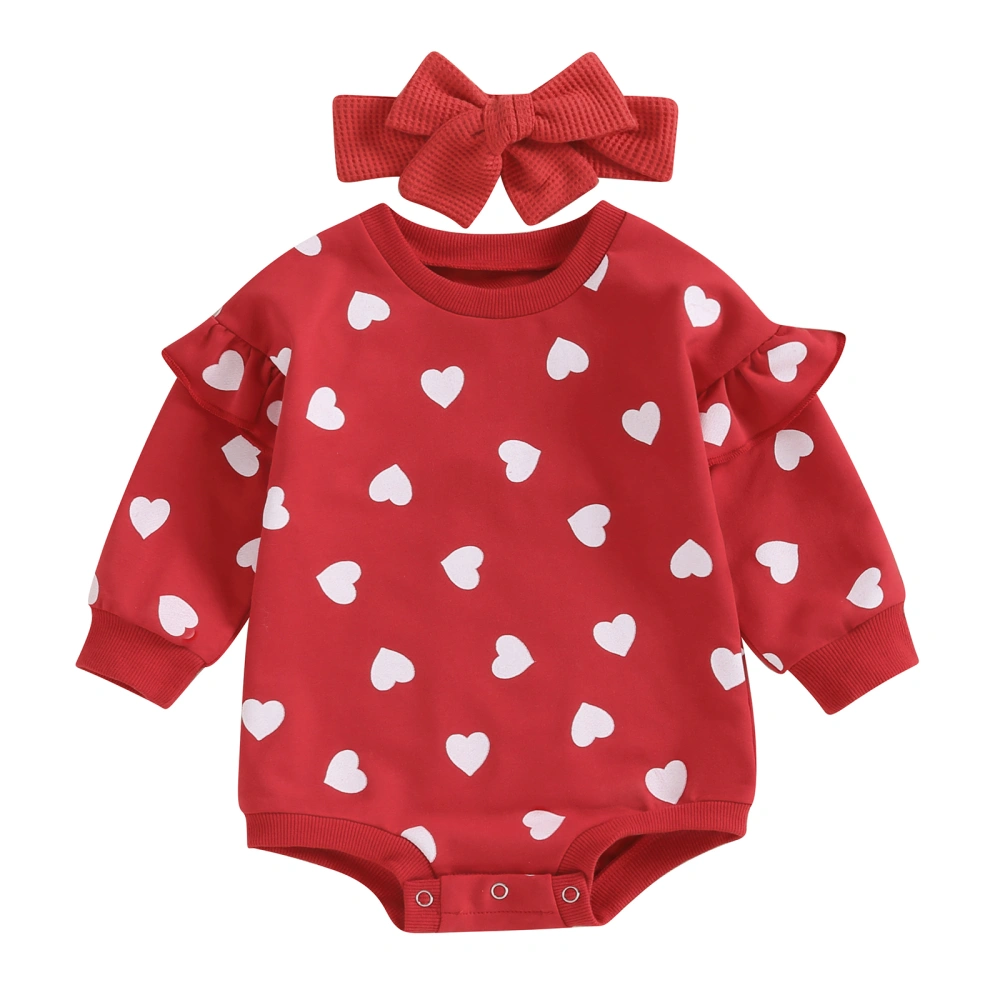 Baby Girl Valentine Outfits Ruffle Long Sleeve Romper with Headband