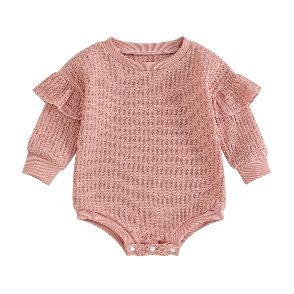 Baby Girl Romper Ruffle Long Sleeve Solid Color Textured Bodysuit