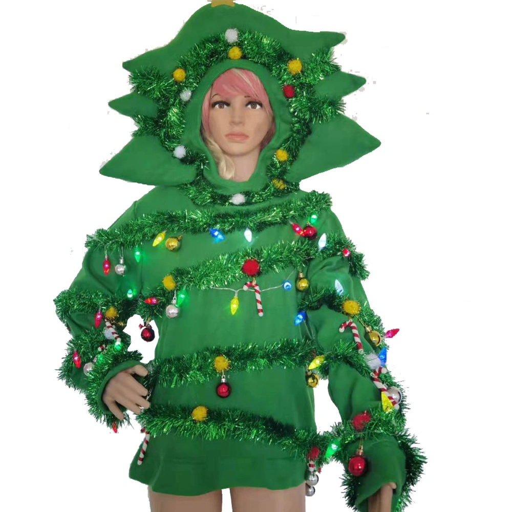 Adults Christmas Tree Costumes Cute Tinsel Hoodie with LED Lights