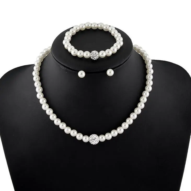 New Fashion Pearl Jewelry Sets Luxury Rhinestone Ball Pearls Necklace Earrings Bracelet Sets for Women