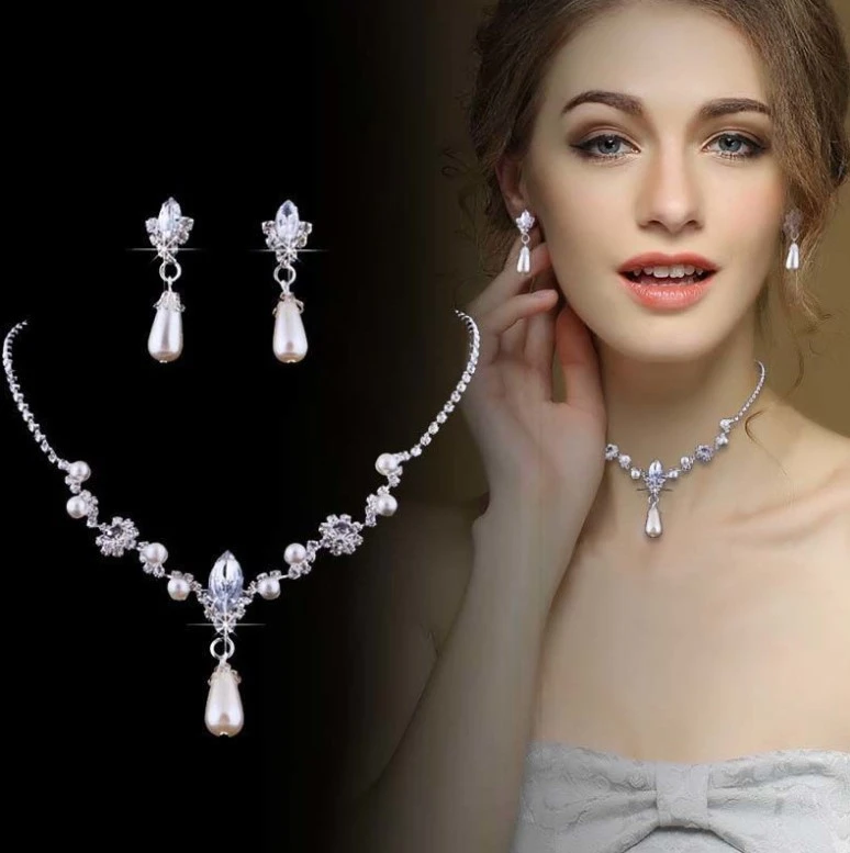 Bridal Wedding Faux Pearls Rhinestone Necklace Water Drop Earrings Jewelry Set