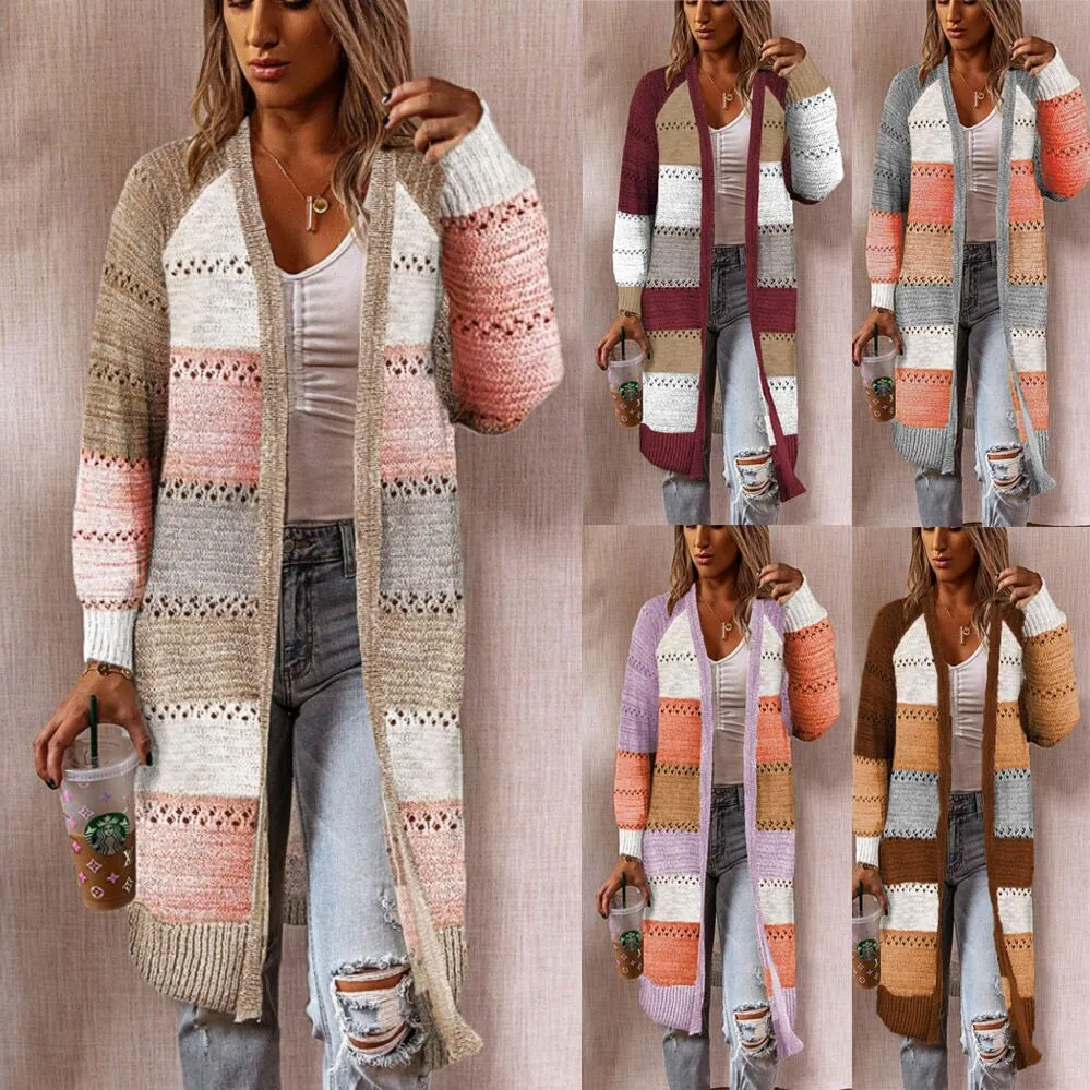 New Fashion Women Cardigan Sweater Coat Comfy Stylish Stitching Long Sleeve Striped Patchwork Sweater Female Casual Long Cardigan Autumn Winter Tops