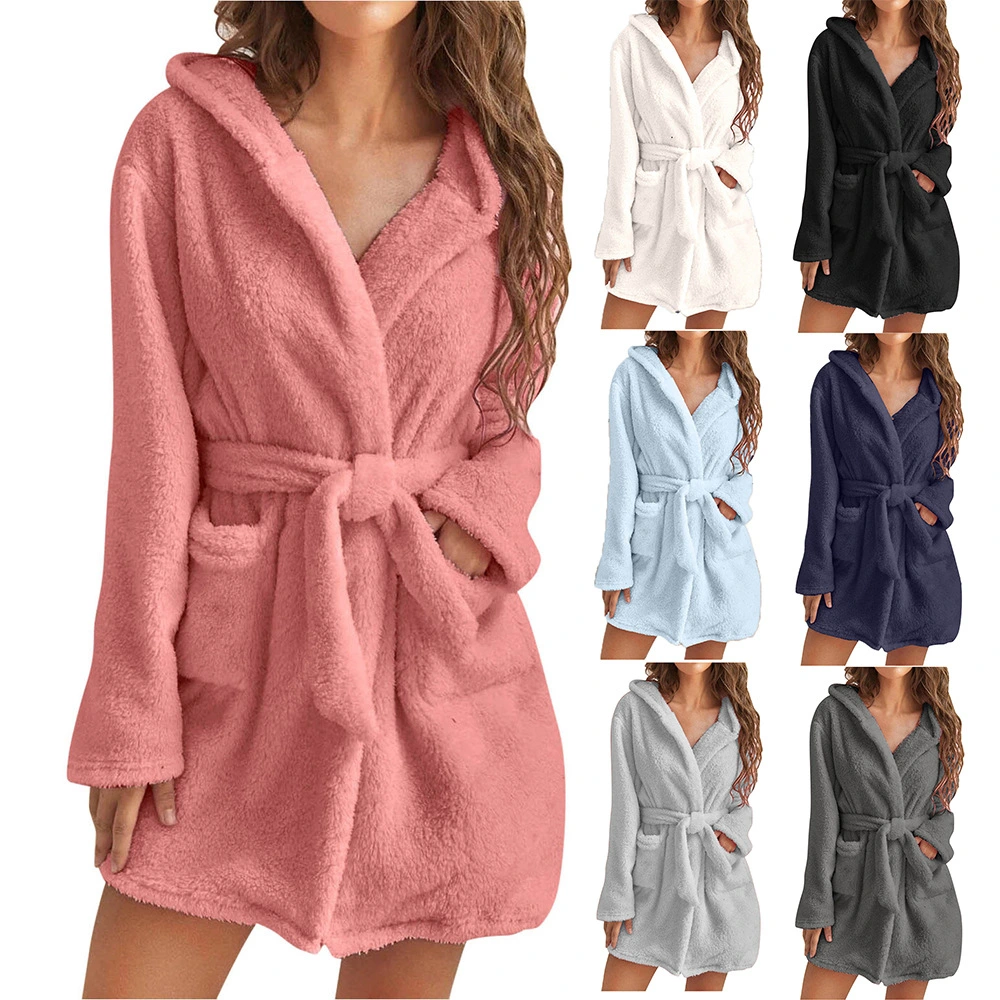 Women's Hooded Sleepwear Fleece House Coat Lightweight Soft Dressing Gown Plush Long Loungewear Flannel Hooded Bathrobe Microfibre Elegant Pyjamas Cuddly Soft Clothing