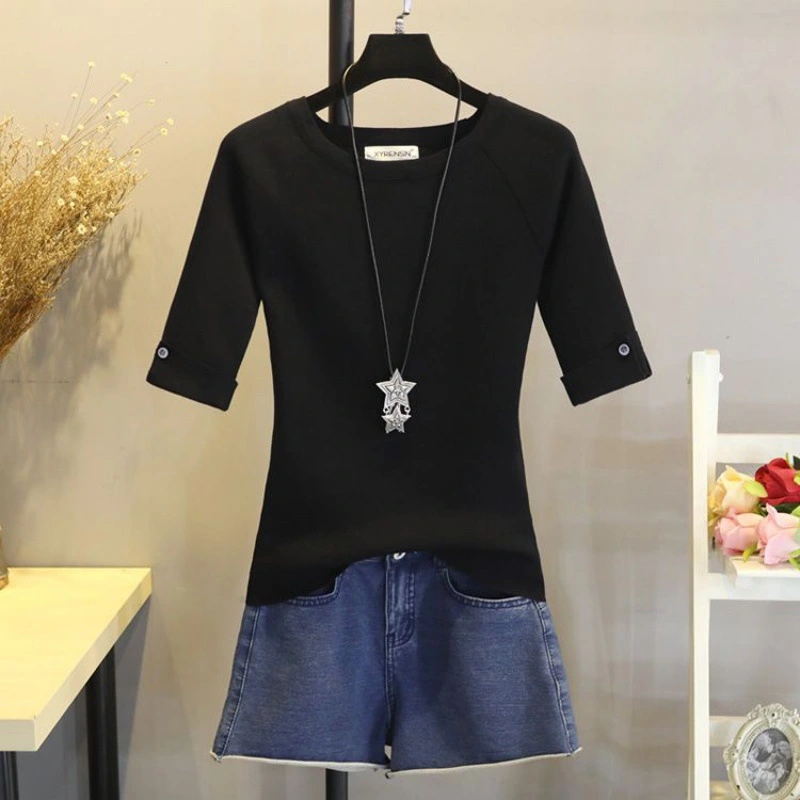 Slim Fit Slimming Round Neck Elbow Sleeve Sweater Half Sleeve T-shirt For Women