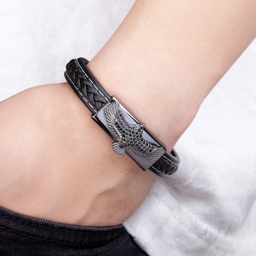 Stainless Steel Woven Leather String Vintage Eagle Skull Leather Bracelet