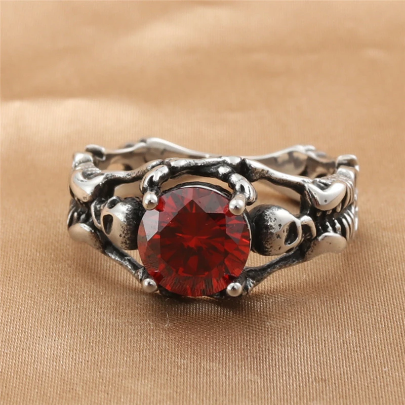 Titanium Steel Diamond Red Rock Ring Vintage Skull