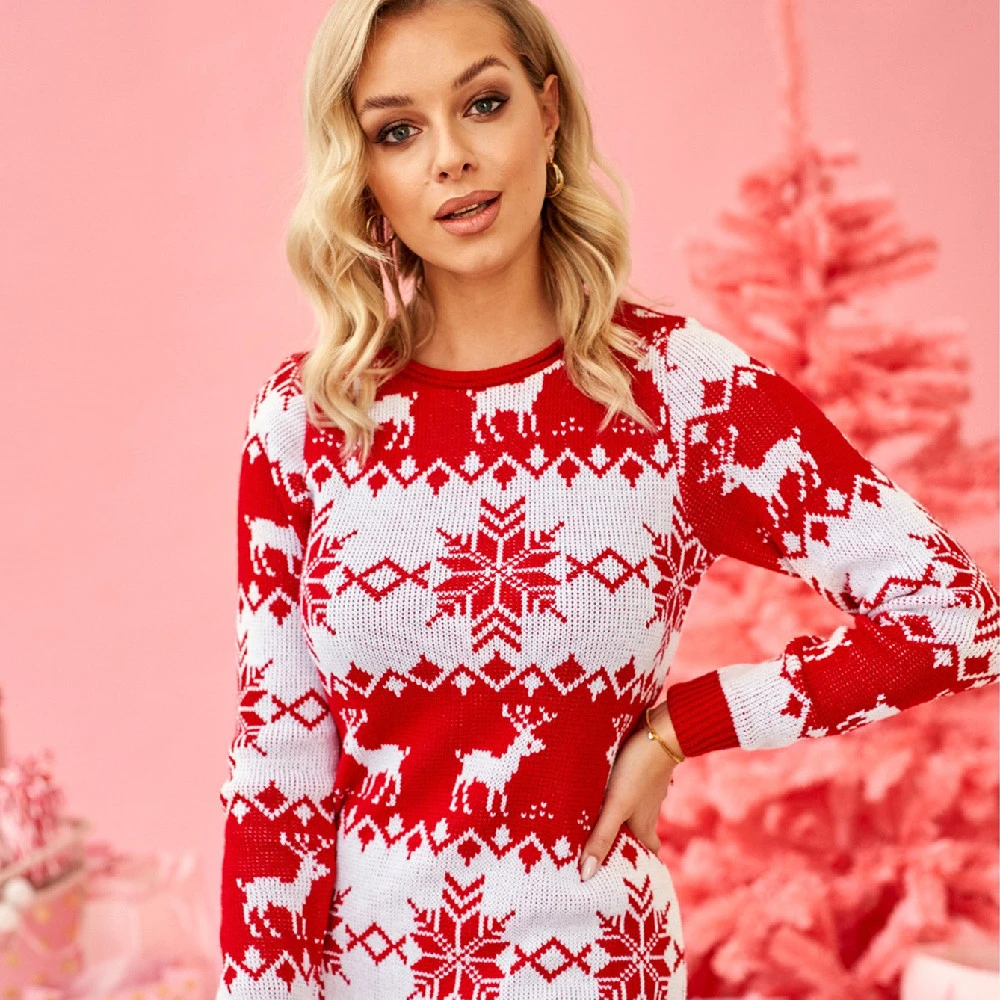 Women's Elk Snowflake Brocade Sweater Female Dress