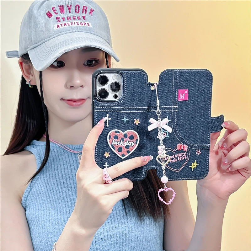 Denim Embroidery Love English Phone Case